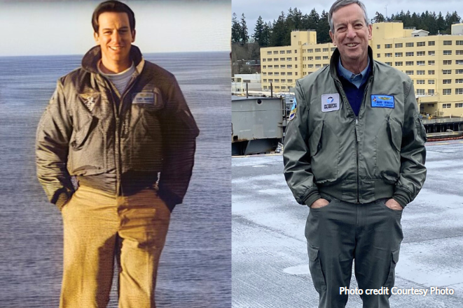 CDR Livenstein standing on the flight deck of the USS Nimitz, pictured left in 1986 in the Norwegian Sea, and pictured right in 2025 in Bremerton, Washington (and wearing the same jacket) for the USO Center’s ribbon cutting aboard the aircraft carrier.